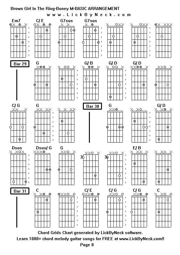 Chord Grids Chart of chord melody fingerstyle guitar song-Brown Girl In The Ring-Boney M-BASIC ARRANGEMENT,generated by LickByNeck software.